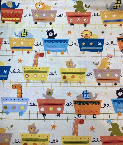 Train animals cotton fabric - train,